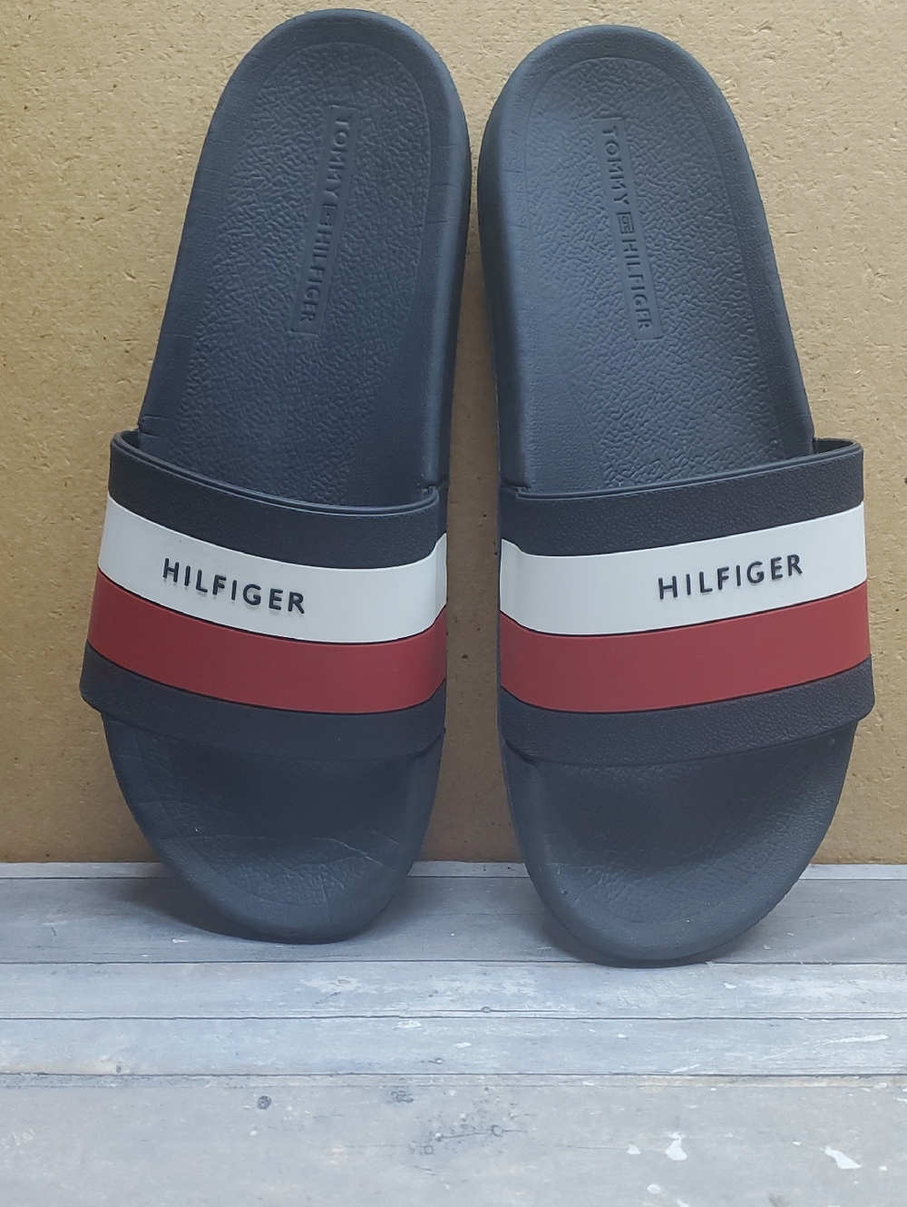 Tommy Hilfiger Navy Slides with Red and White Stripes Size 10